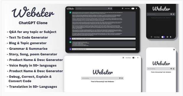 Webster – ChatGPT Clone Text to Code Q&A Blog Generator Grammar Summarise Translate SEO Page Builder